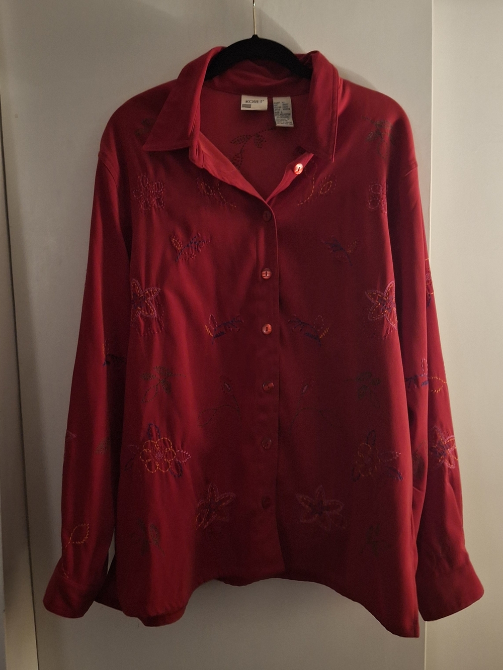 Koret Women's Red Embroidered Button-Up Long Sleeve Blouse